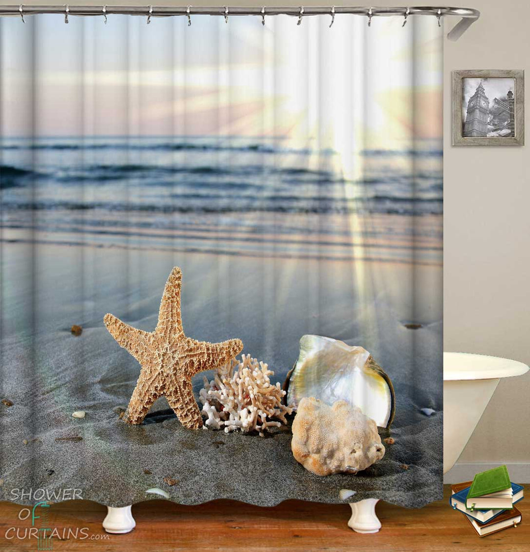 Shower Curtains with Coral Starfish and Calm on the Beach