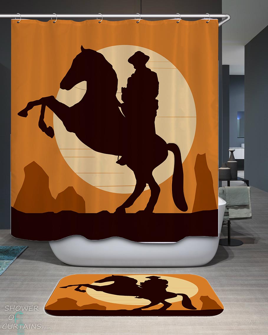 Shower Curtains with Cowboy at Sunset