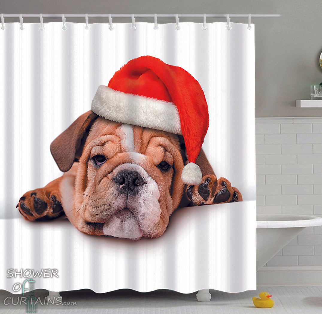 Shower Curtains with Cute Christmas Bulldog