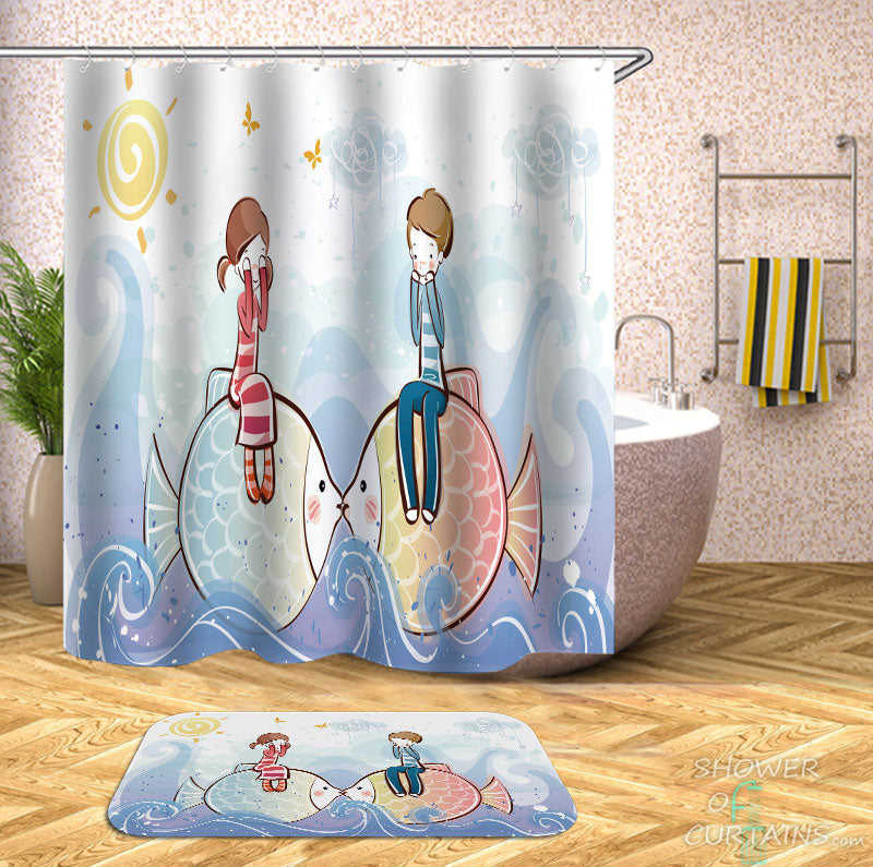 Shower Curtains with Cute Drawing Children and Fish
