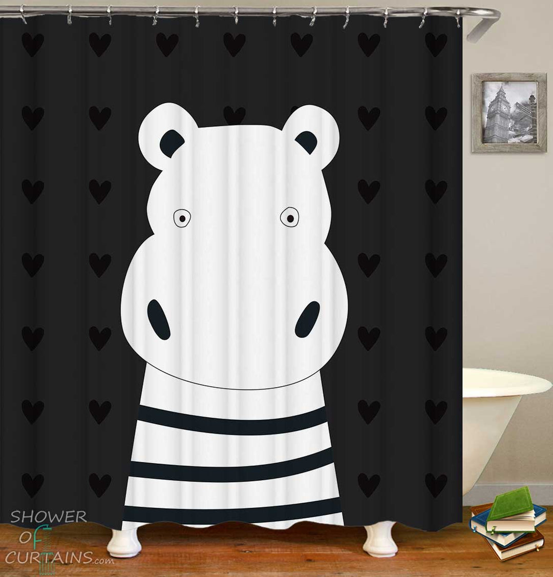 Shower Curtains with Cute Hippo over Hearts