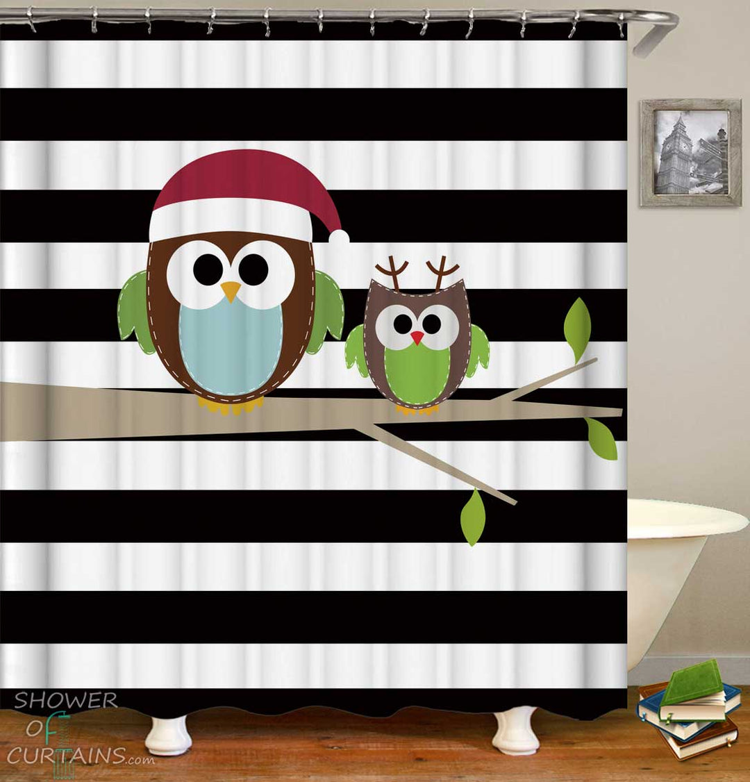 Shower Curtains with Cute Owls over Black and White Stripes