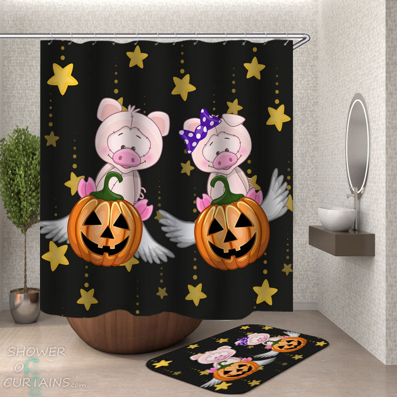 Shower Curtains with Cute Piggies with Halloween Pumpkin