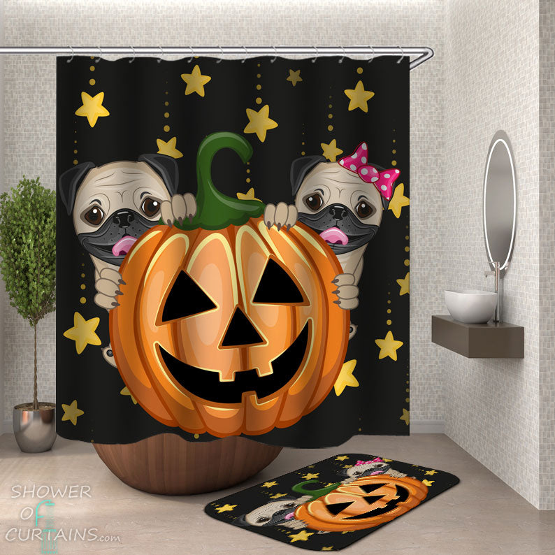 Shower Curtains with Cute Pugs with Halloween Pumpkin