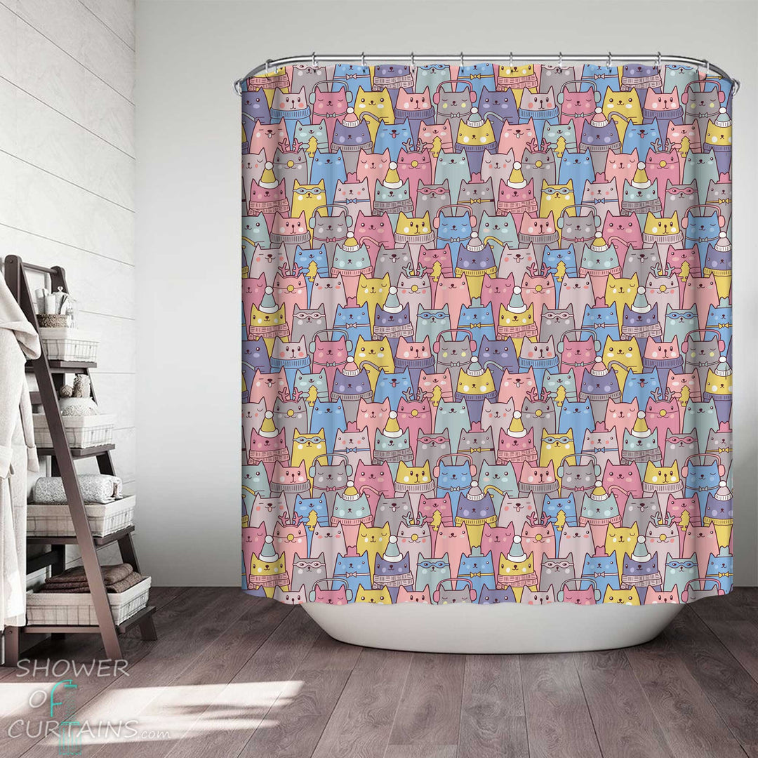 Shower Curtains with Cute Winter Cats Pattern