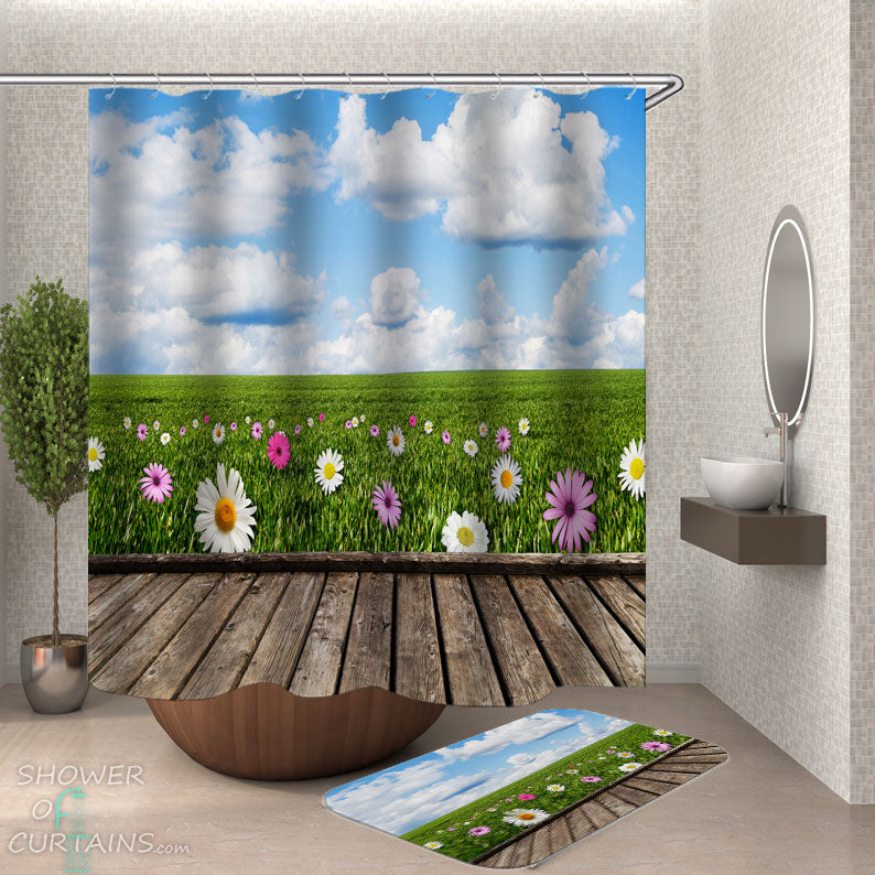 Shower Curtains with Daisy Flowers Field