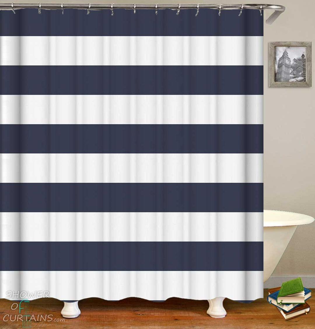 Shower Curtains with Dark Blue Cabana Stripe 