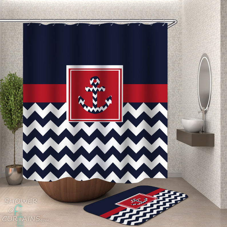 Shower Curtains with Dark Blue Chevron Anchor