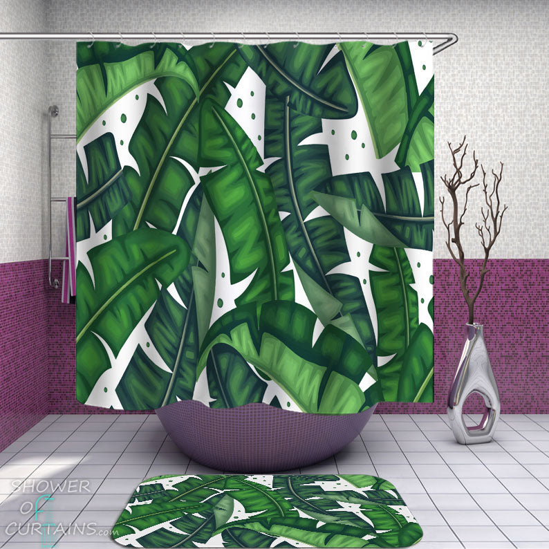 Shower Curtains with Dark Green Painted Leaves