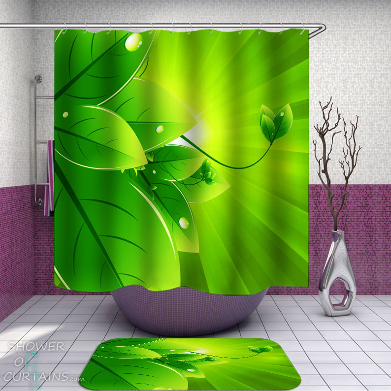 Shower Curtains with Dew on Green Leaves