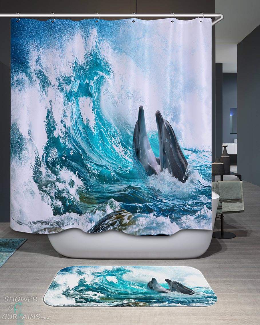 Shower Curtains with Dolphins Catching Waves in the Ocean