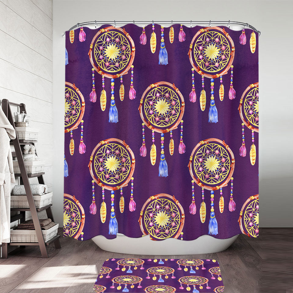 Shower Curtains with Dream Catchers over Purple