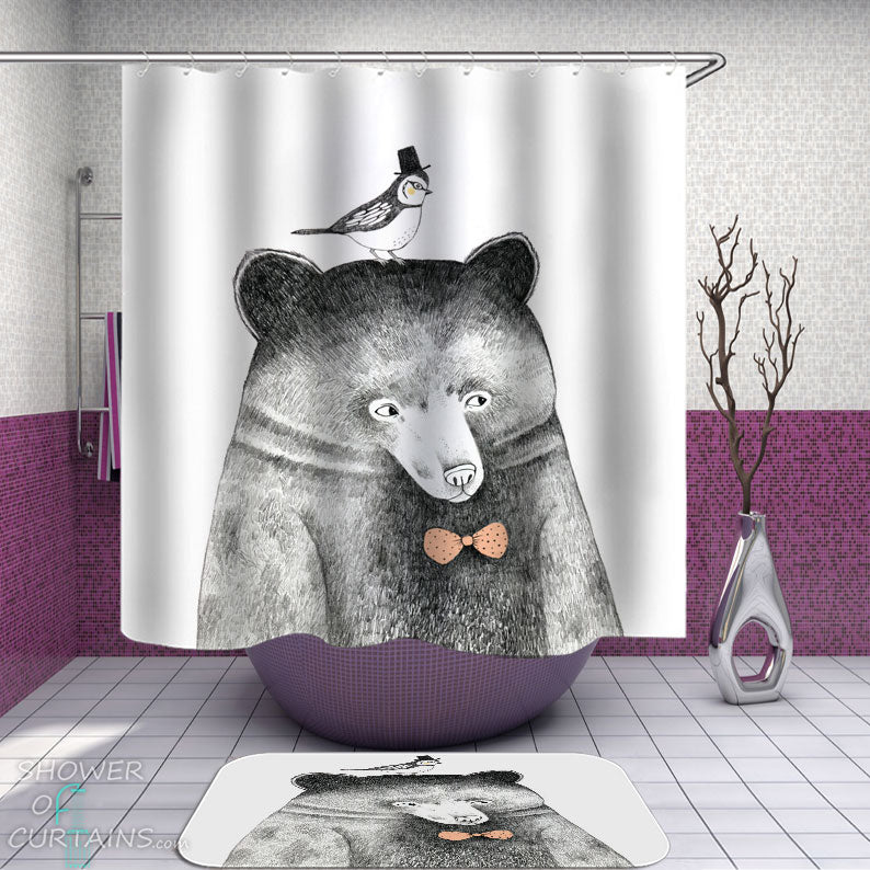 Shower Curtains with Elegant Bear and Bird
