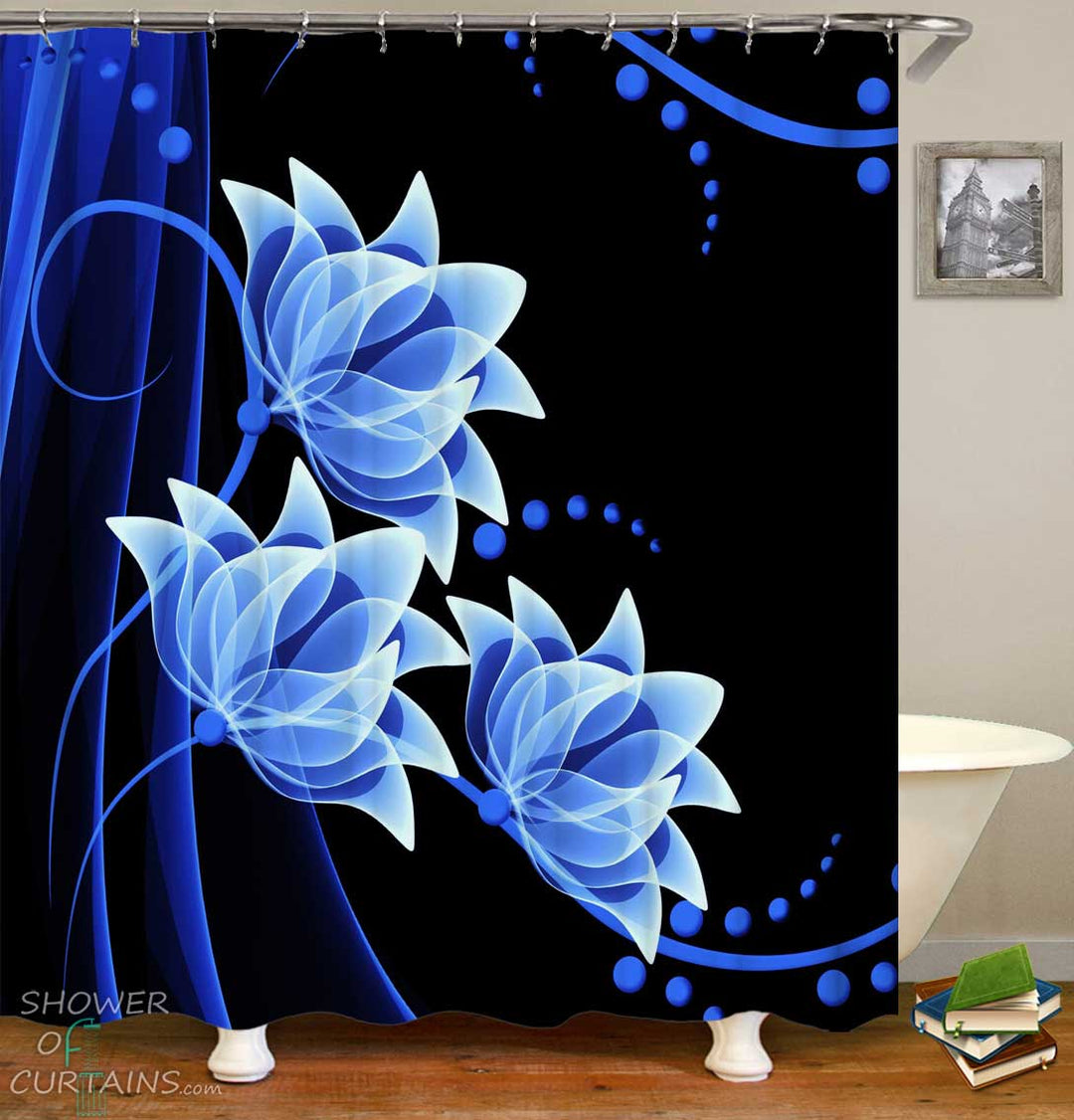 Shower Curtains with Elegant Floral over Black