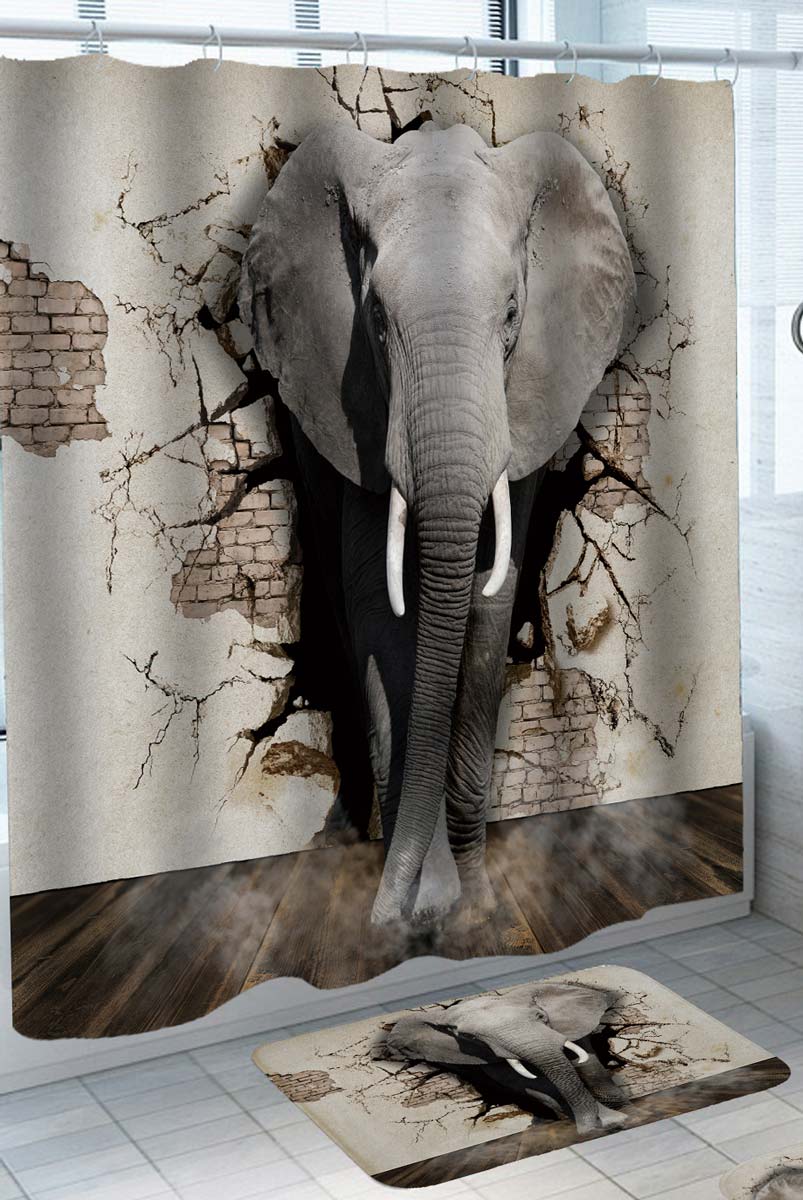 Shower Curtains with Elephant Breaking a House Wall