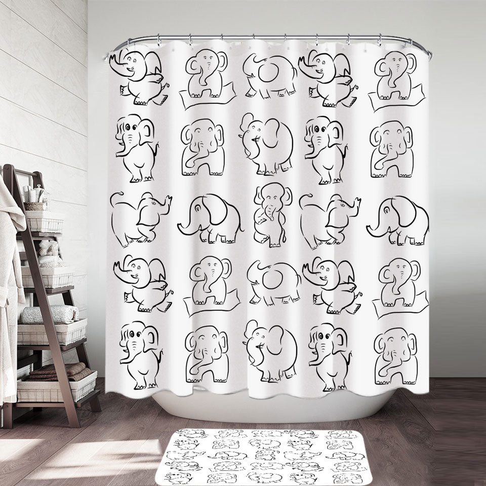 Shower Curtains with Elephant Drawing Pattern