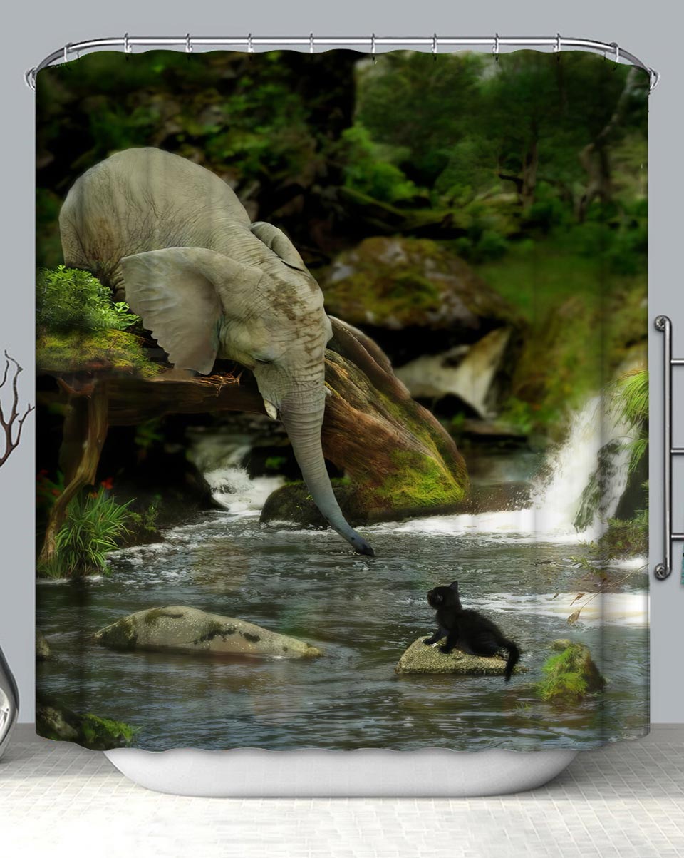Shower Curtains with Elephant and Cat by the River