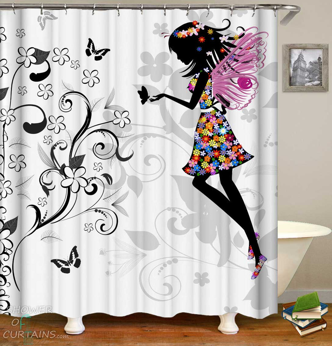 Shower Curtains with Fairy of Flowers and Butterflies