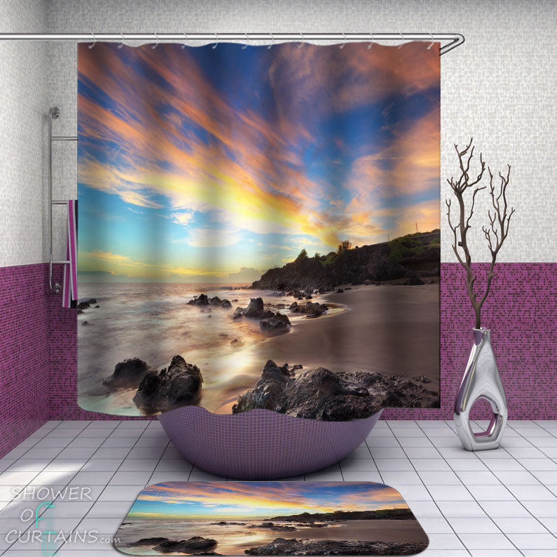 Shower Curtains with Fire Skies over the Beach