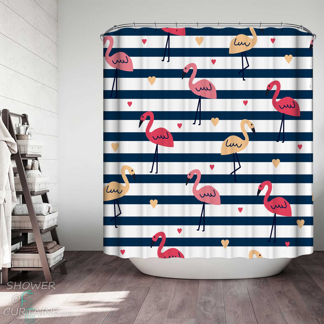 Shower Curtains with Flamingo and Hearts Pattern over Blue Stripes