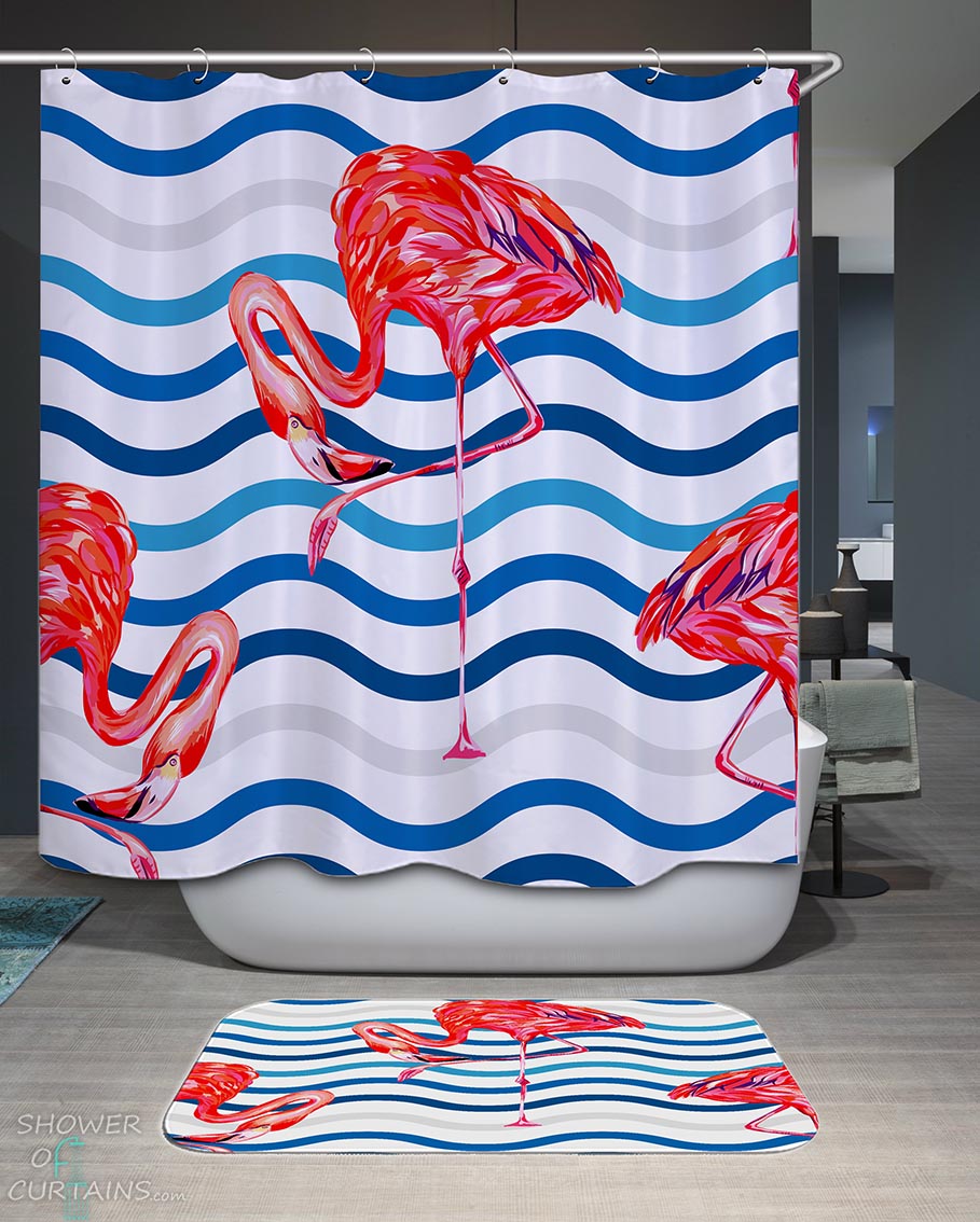Shower Curtains with Flamingos over Blue Waves