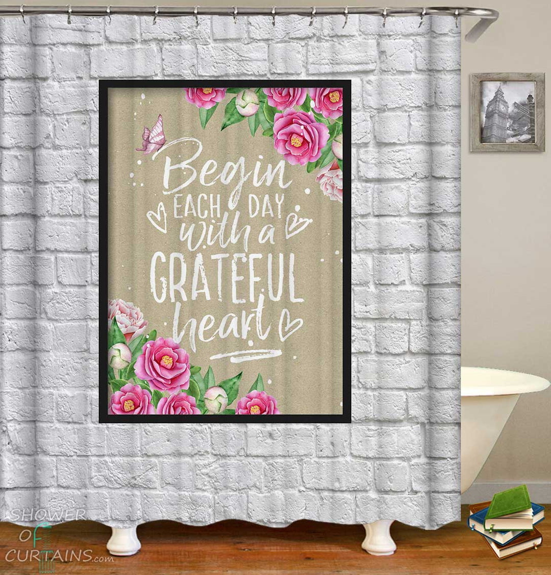 Shower Curtains with Floral Inspirational Quote