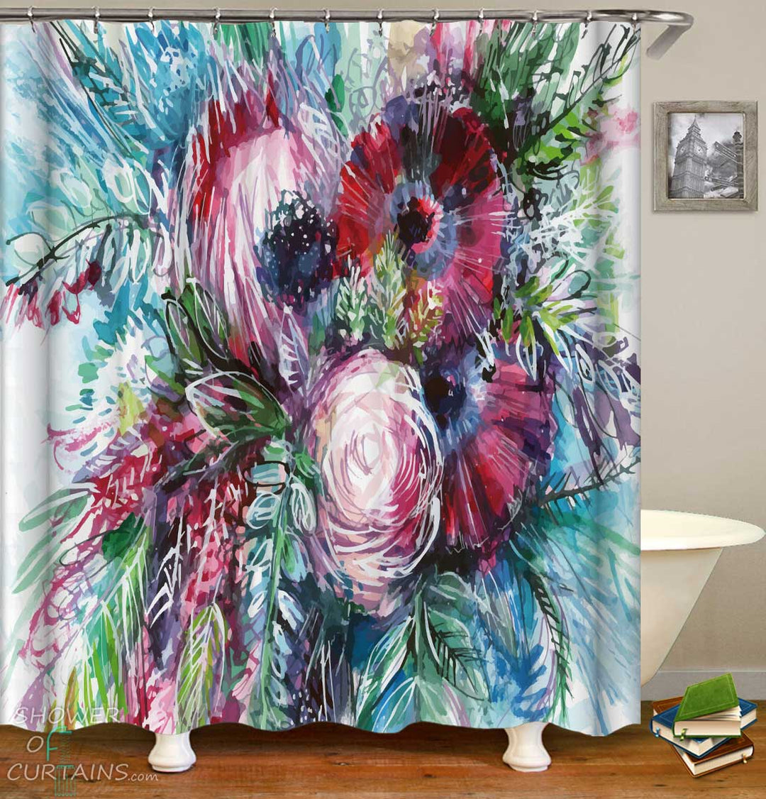 Shower Curtains with Floral Mess Art