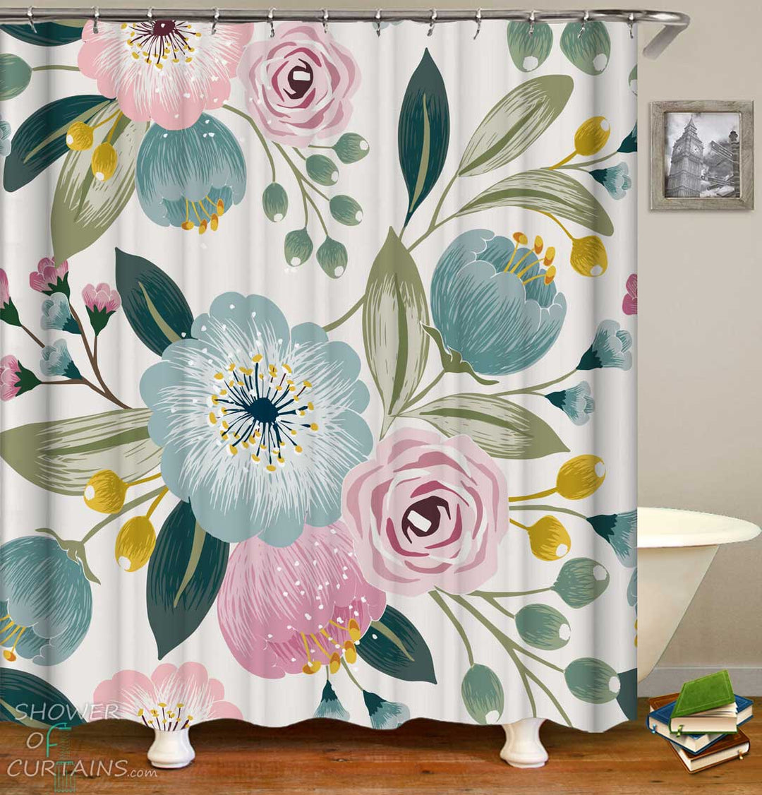 Shower Curtains with Floral Old Fashioned Drawing