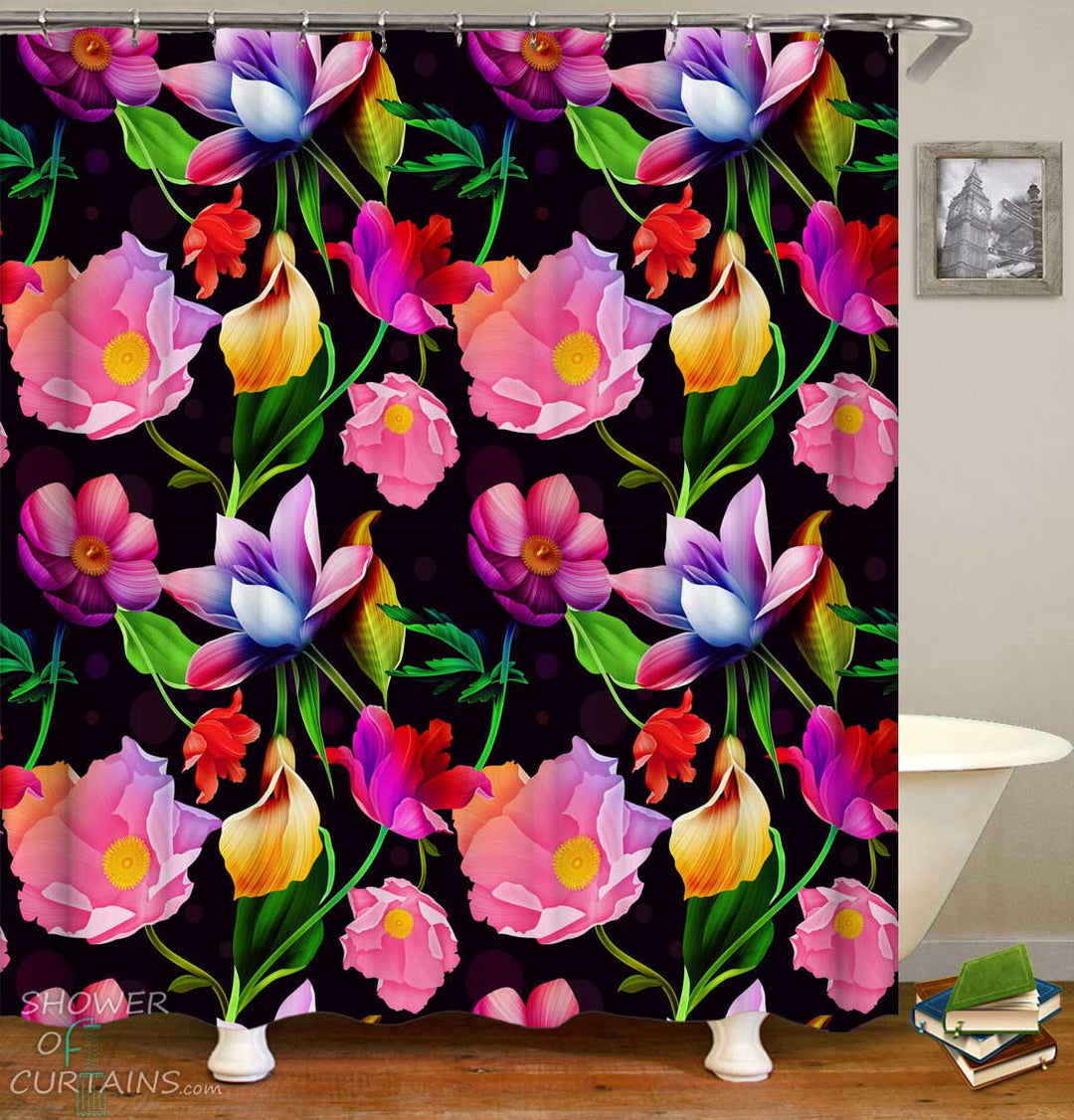 Shower Curtains with Floral Revival over Black