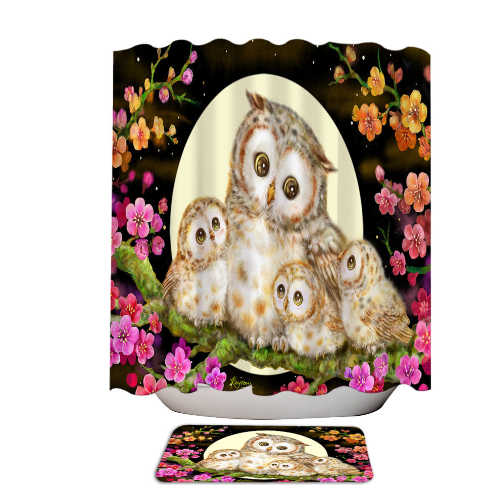 Shower Curtains with Flowers and Moonlight Lullaby Cute Owl Family