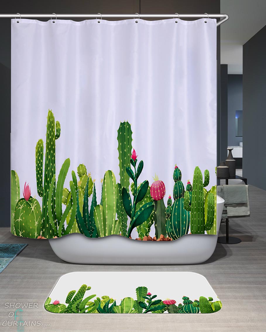 Shower Curtains with Fresh Green Cactus