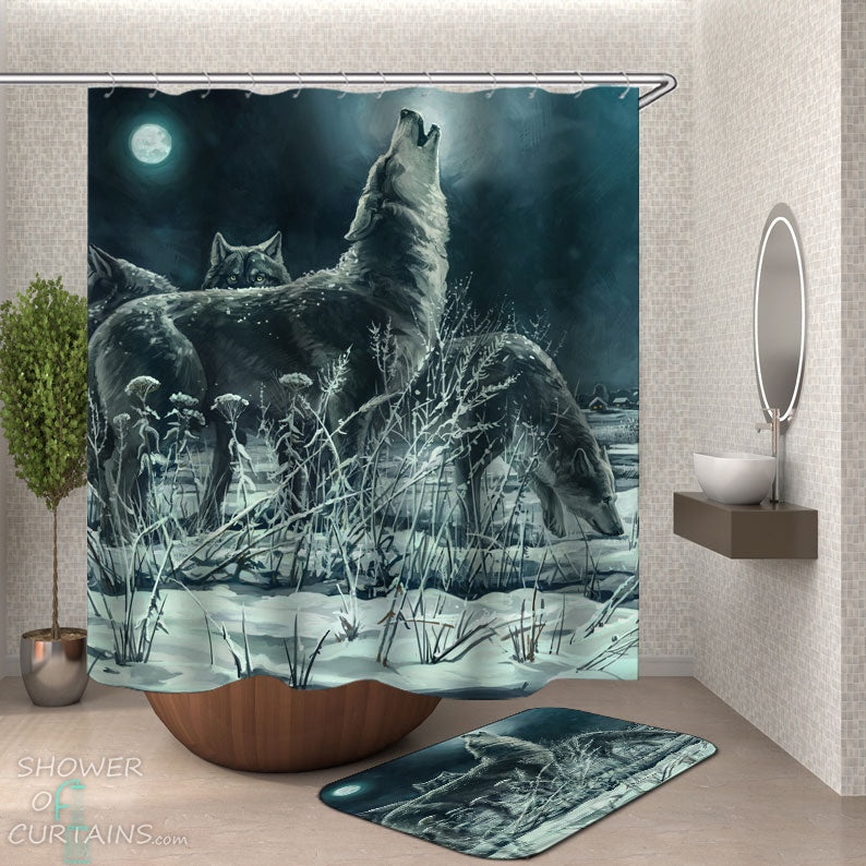 Shower Curtains with Full Moon Wolfs