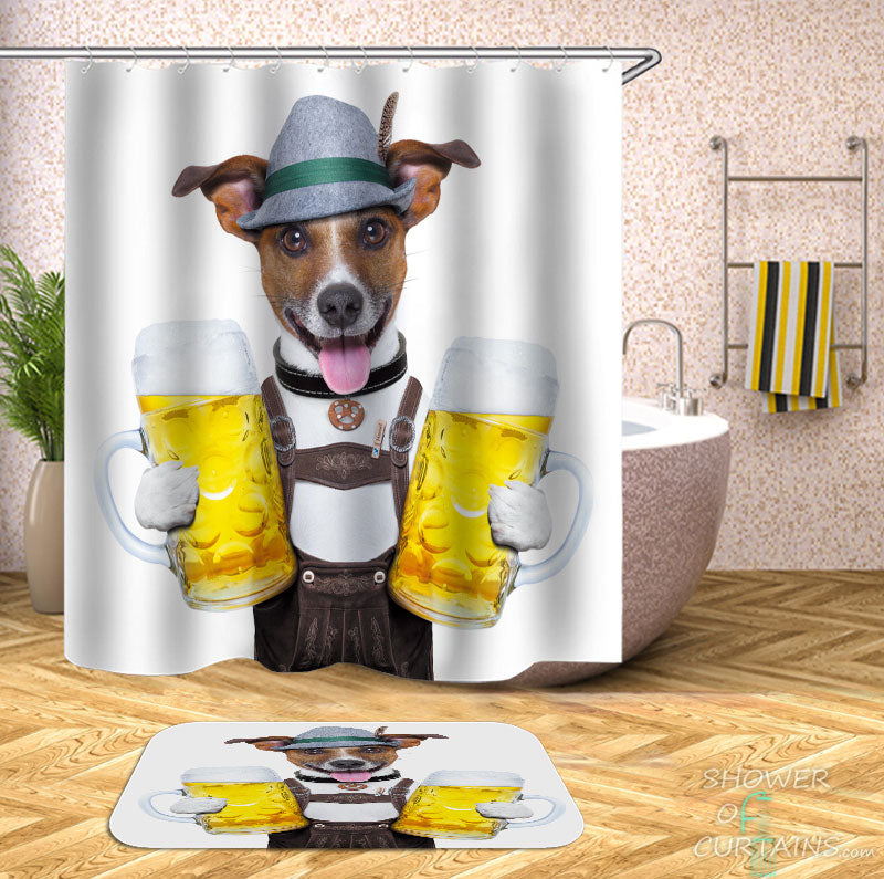 Shower Curtains with Funny Bavarian Beer Festival Dog