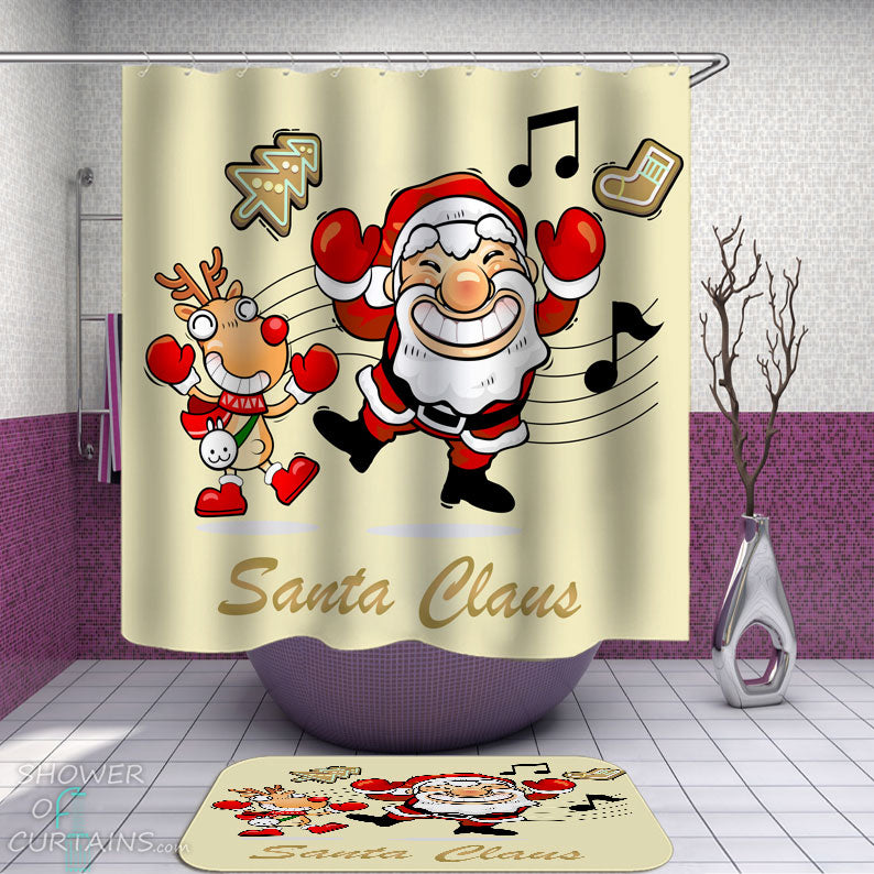 Shower Curtains with Funny Dancing Reindeer and Santa