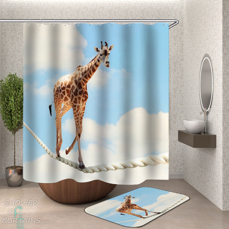Shower Curtains with Funny Giraffe Tightrope Walking