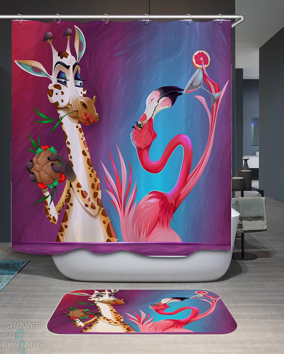Shower Curtains with Funny Giraffe and Flamingo