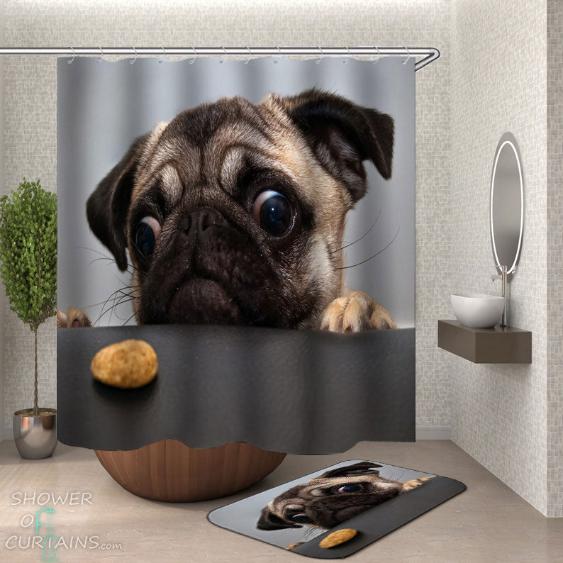 Shower Curtains with Funny Hungry Pug