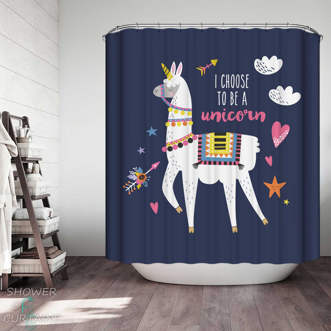 Shower Curtains with Funny Llama as a Unicorn