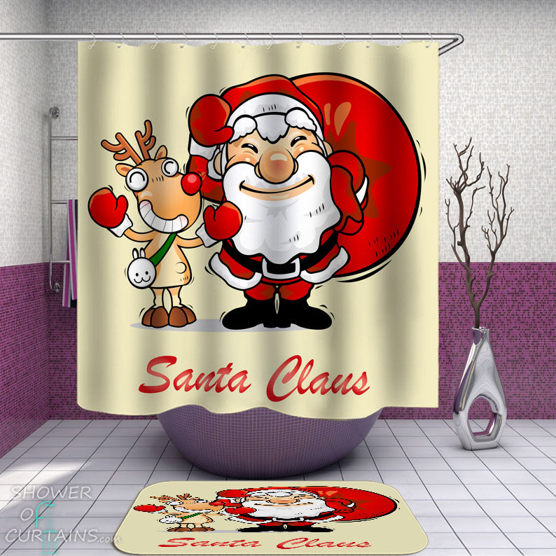 Shower Curtains with Funny Reindeer and Santa Claus