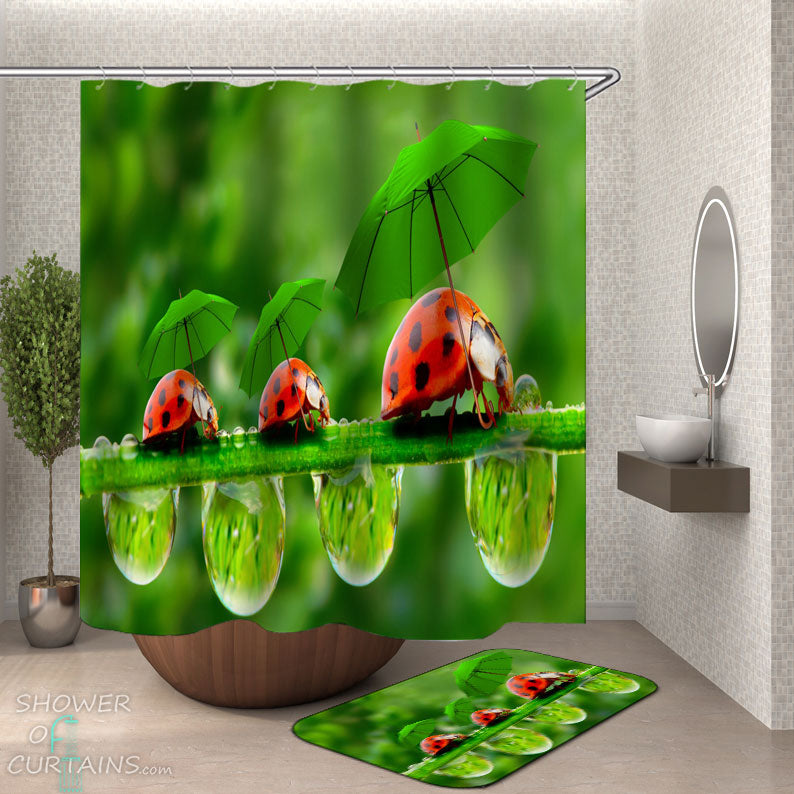 Shower Curtains with Funny ladybugs holding umbrella
