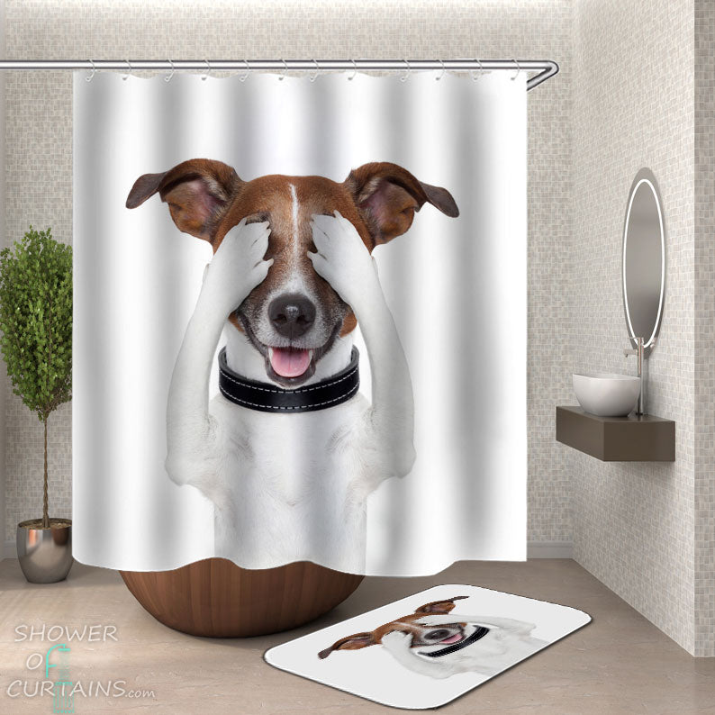 Shower Curtains with Funny peek a boo Dog