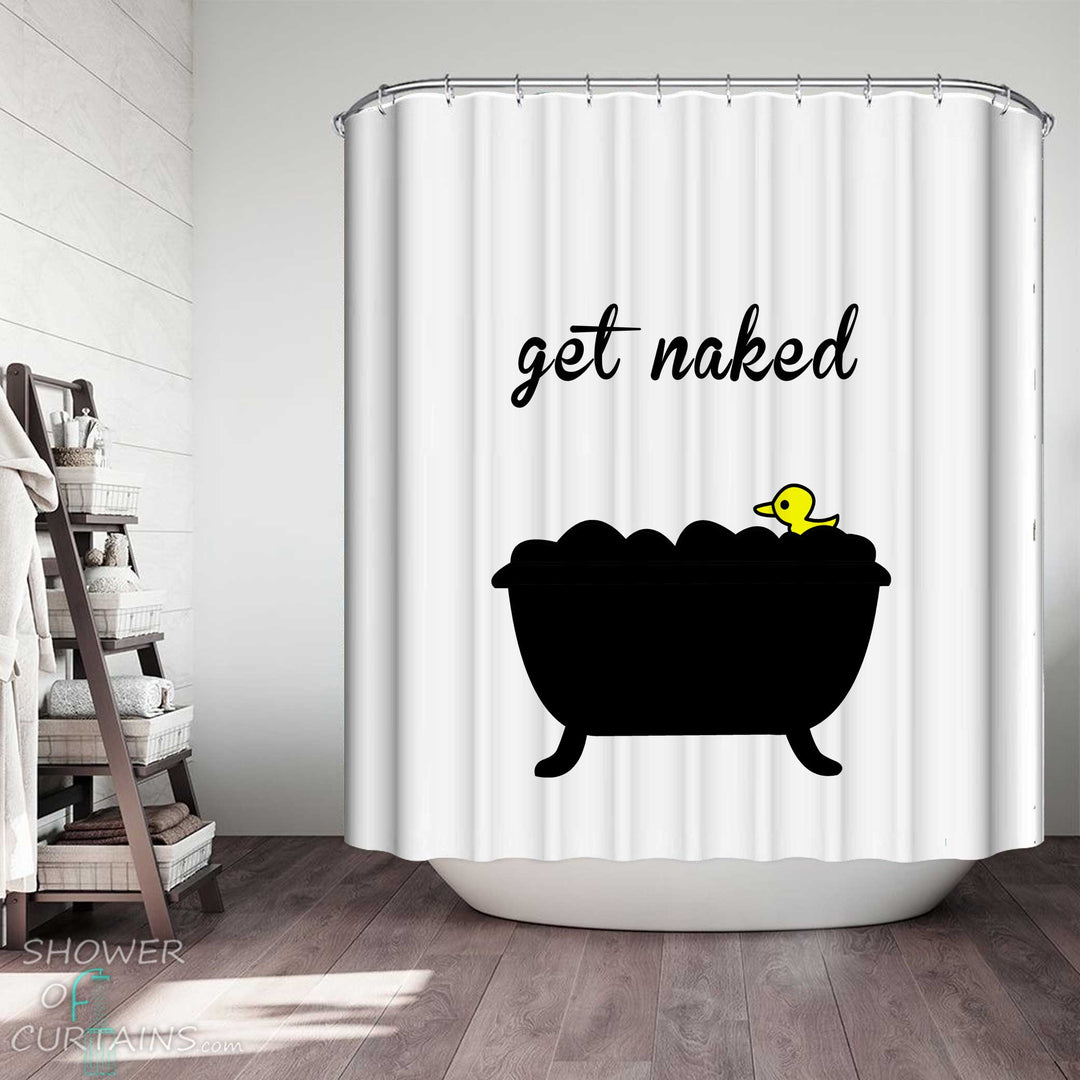 Shower Curtains with Get Naked Bathing Yellow Duck