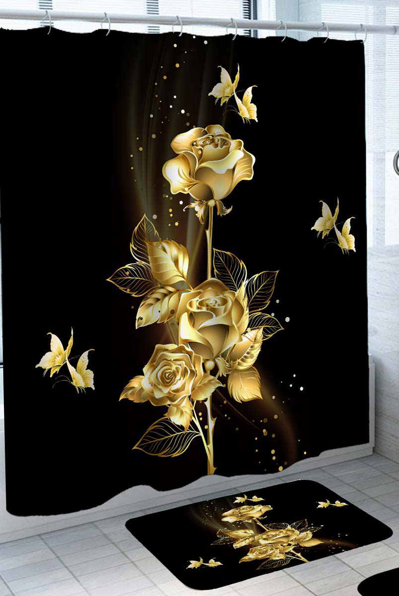 Shower Curtains with Gold Roses and Butterflies