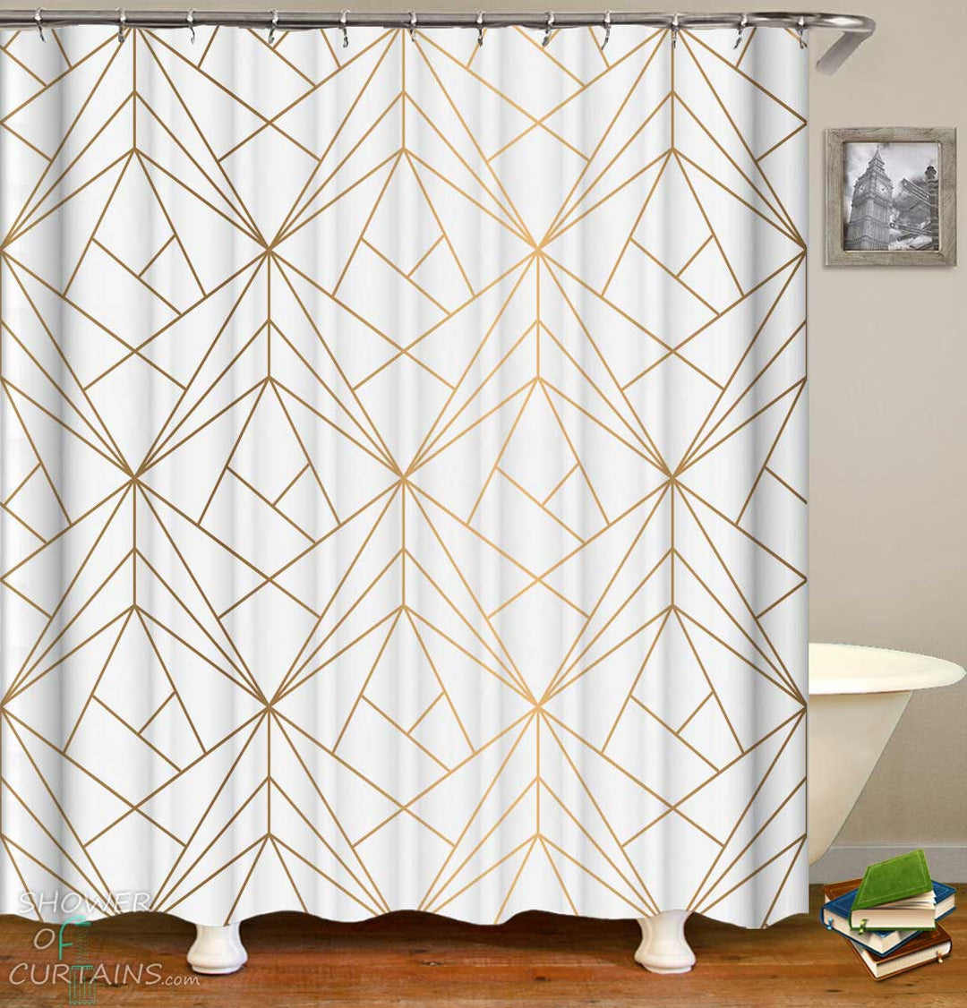Shower Curtains with Golden Artistic Triangles