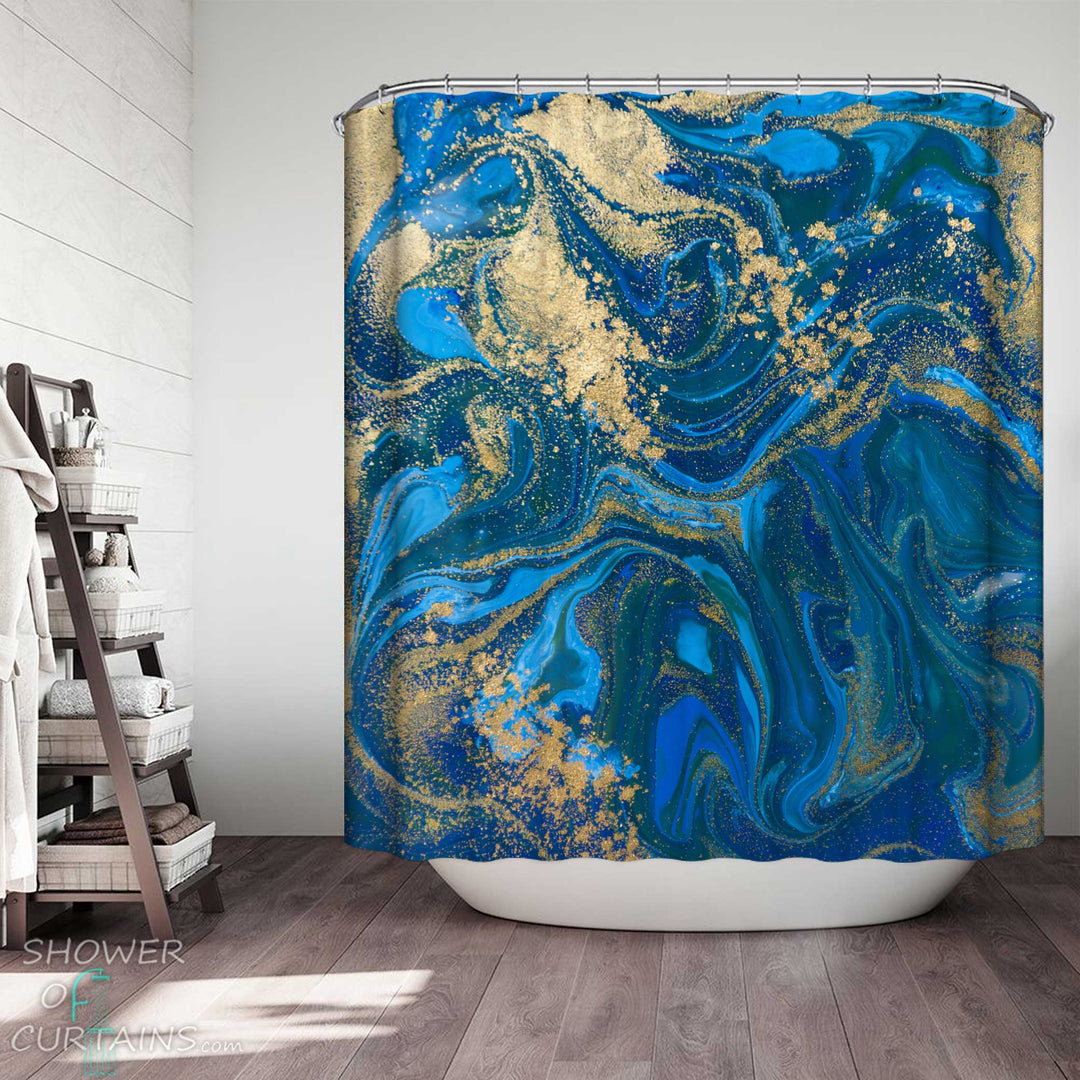 Shower Curtains with Golden Blue Marble