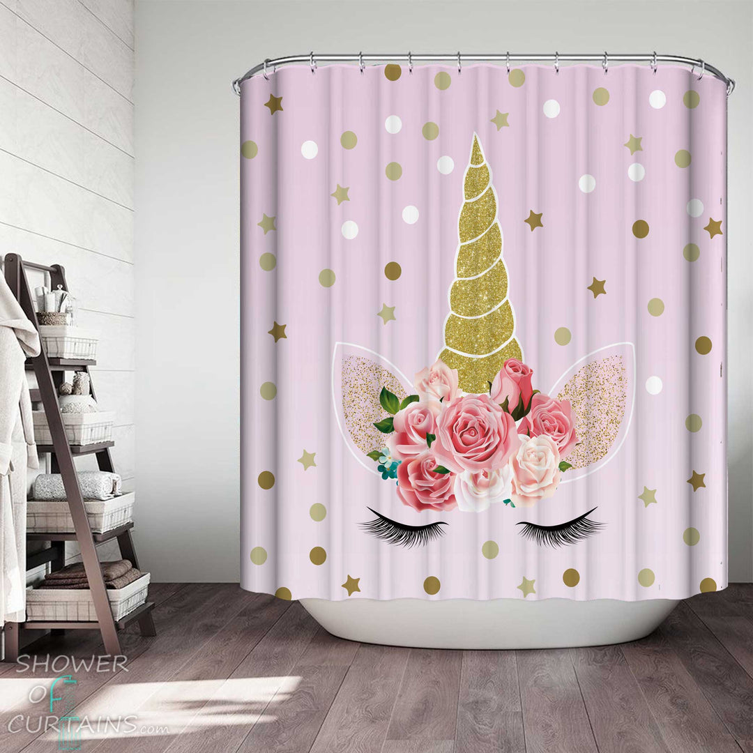 Shower Curtains with Golden Unicorn Face