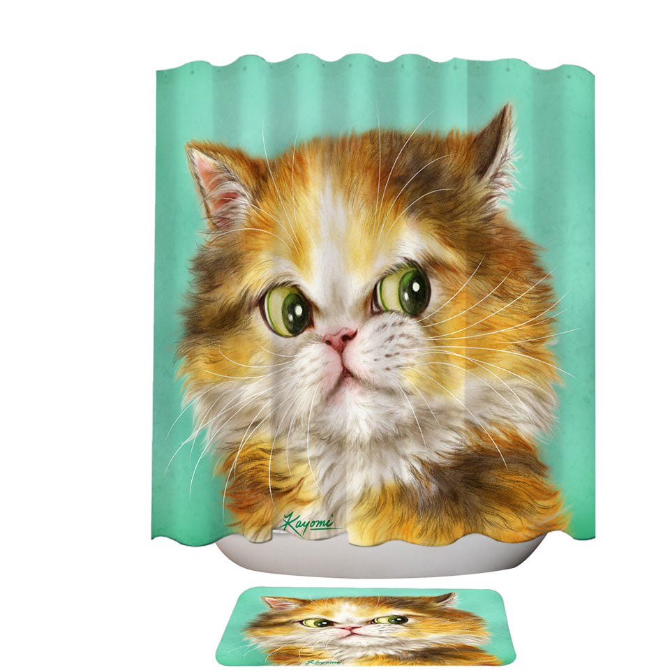 Shower Curtains with Green Background Painted Furry Ginger Cat