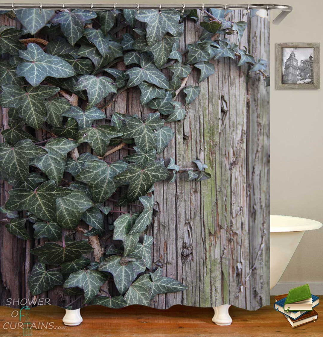 Shower Curtains with Green Leaves on Old Wood Wall