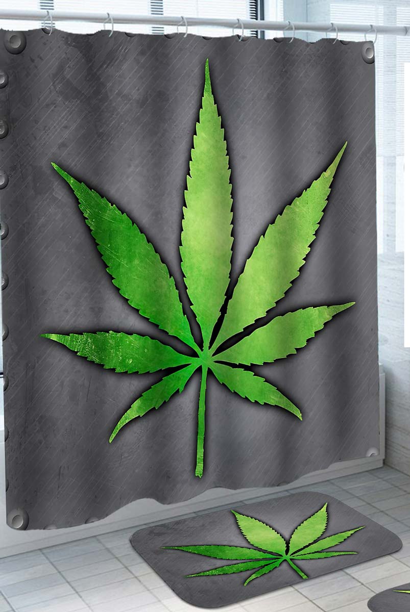 Shower Curtains with Green Weed Leaf over Grey
