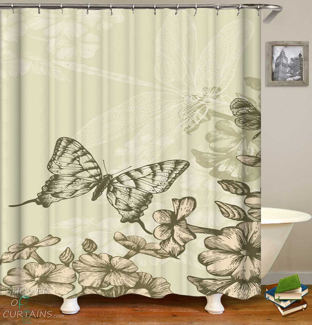 Shower Curtains with Greenish Flowers and Butterflies